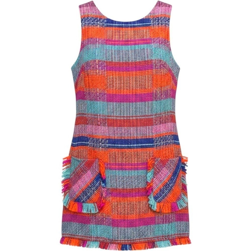 Eva Franco Multi Color Tweed Fringe Shift Dress Orange Pink TW10007 Size 6